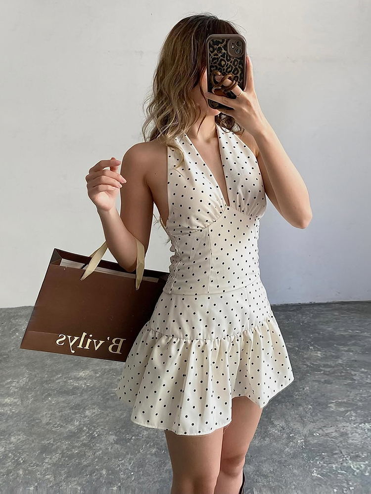 Bizarre Girl French Style Polka Dot V-Neck Halter Top & Low Waist A-Line Skirt Two-Piece Set for Women - Y2K Fashion