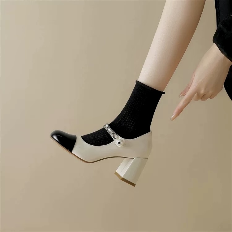 Black and White Color-Blocking Pearl Buckle Mary Jane Chunky High Heels for Women - Trendy Internet Celebrity Style