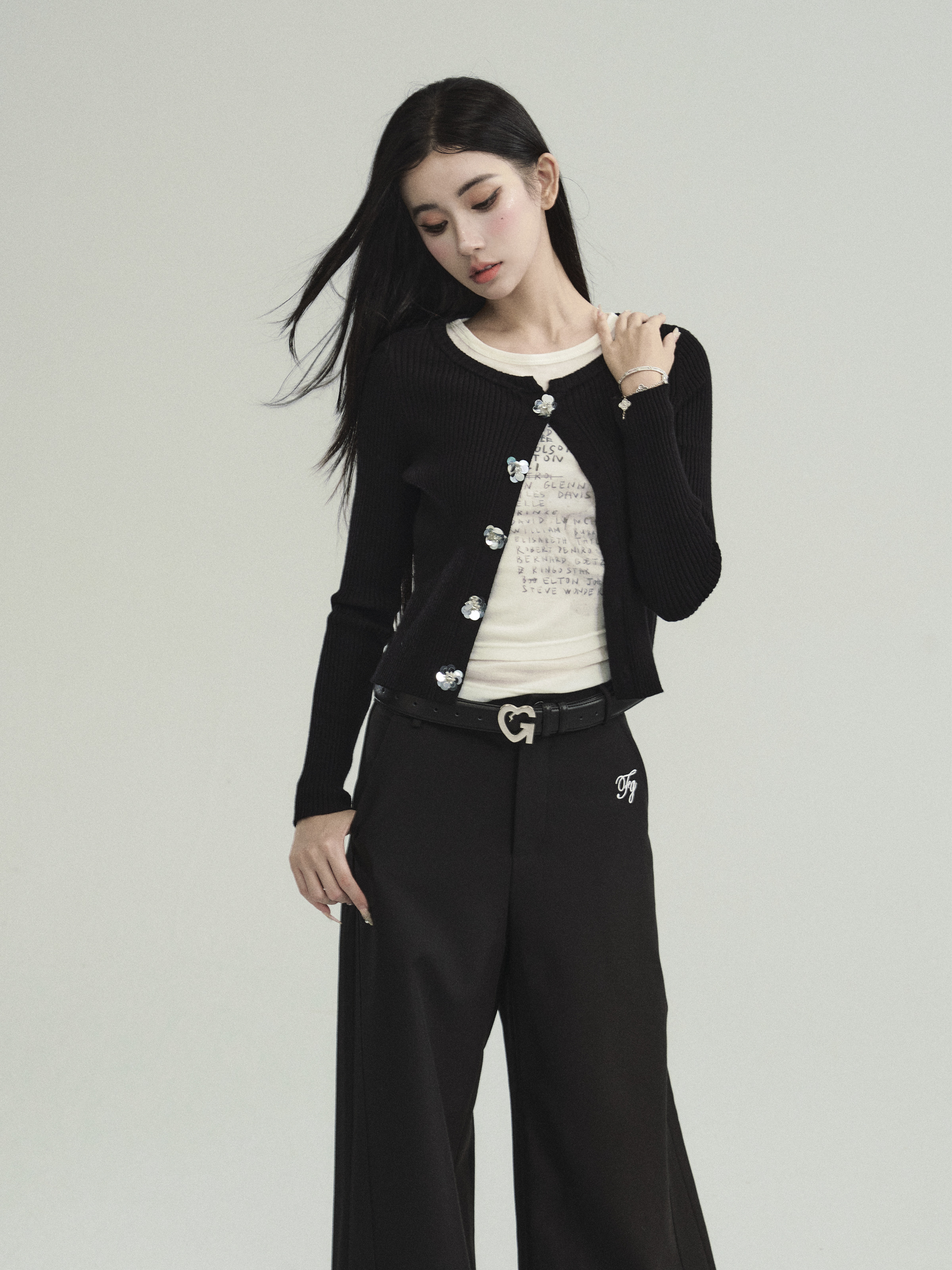 Black and White Whisper Design Cardigan with Small Silver Flowers - Versatile Summer Knitwear for Effortless Style