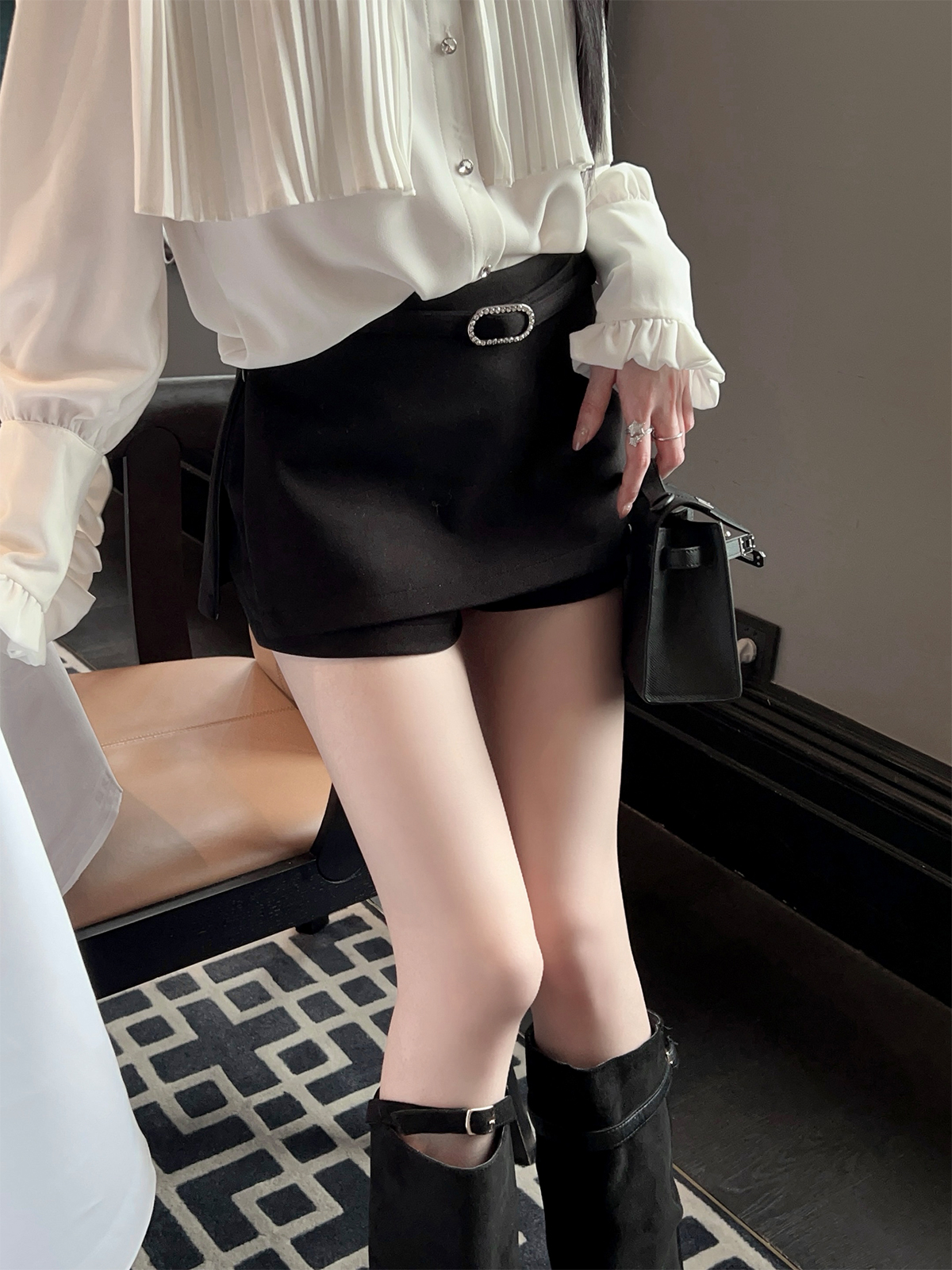 Black Bodycon Woolen Skirt with Belt - High Waist, Short Side Split Design for Winter Fashion
