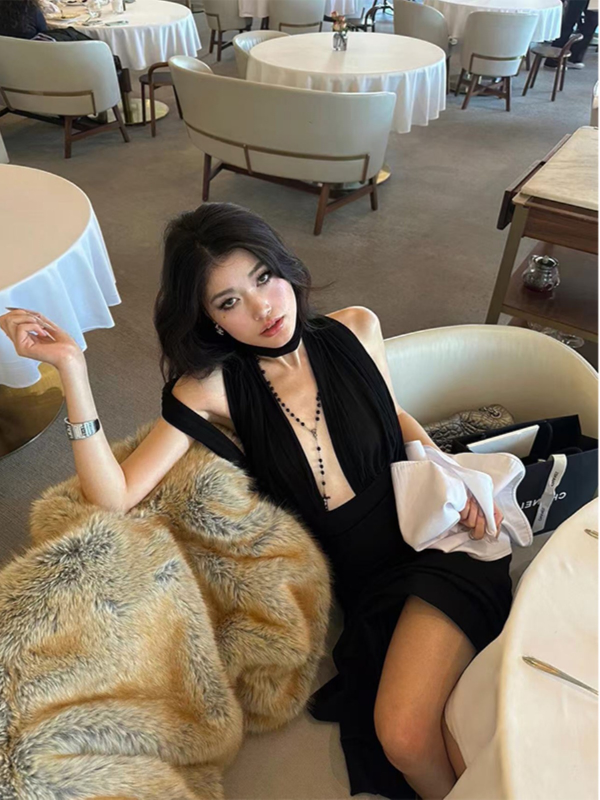 Black Halter Long Dress with Flowing Ribbons, Hollow Design & Versatile Styles - French Fashion Inspired