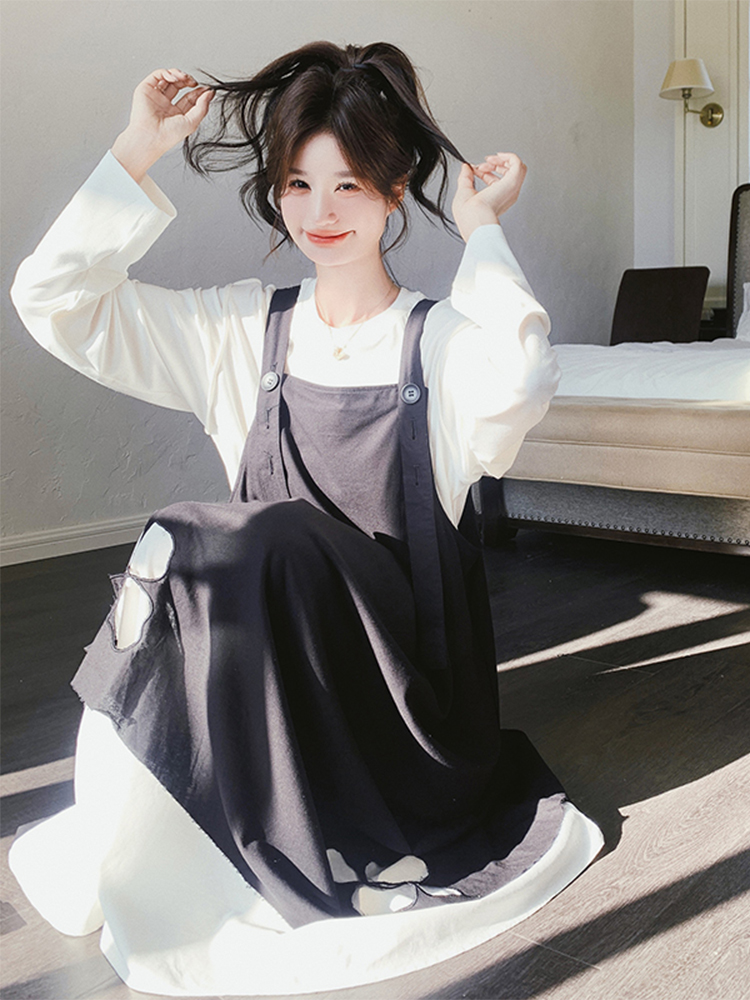 Black Hollow Flower Strap Dress Fashion Set - Long Sleeve T-Shirt Two-Piece for Spring 2025, Gentle Y2K Style
