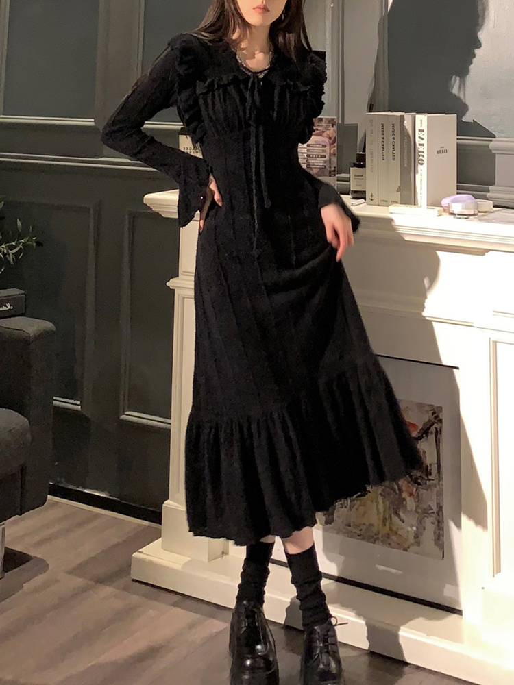 Black Lace-Trimmed Long Sleeve Dress for Women, Waist-Cinching, Elegant Tie-Up Knitted Skirt, 2025 Spring Fashion Trend