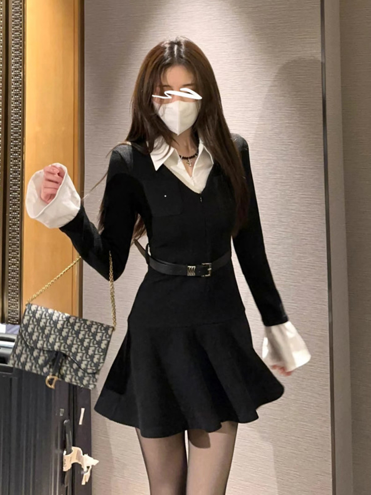Black Long Sleeve Faux Two-Piece Knitted Dress for Women with Waist Design, A-Line Short Skirt, Autumn Winter 2025 Fashion