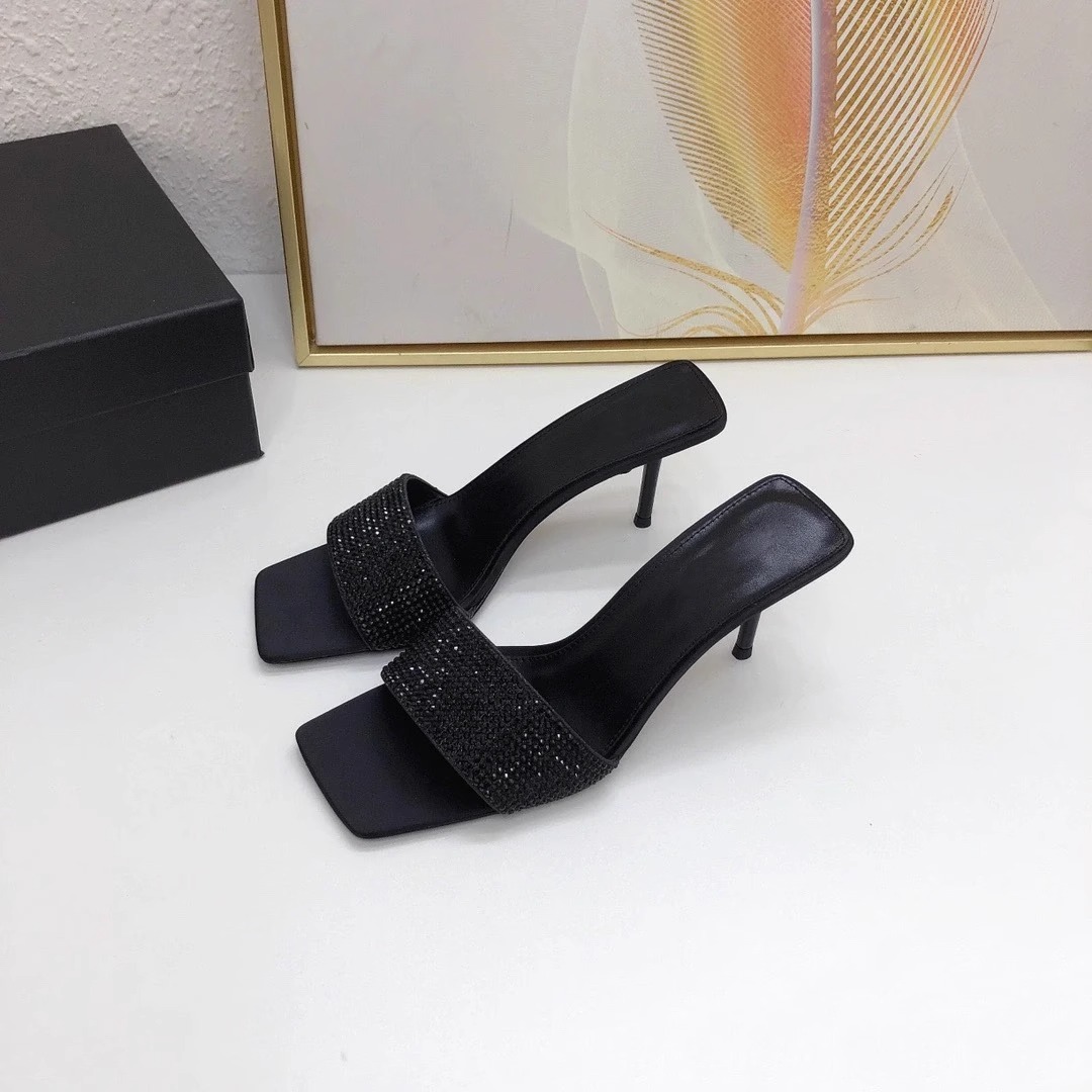 Black Rhinestone Open-Toe High-Heeled Sandals for Women, Square Toe, Thin Heel, Sexy One-Strap Design, Summer 2025 Fashion