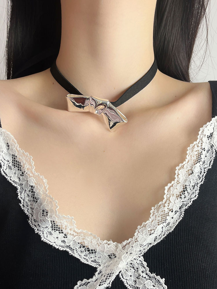Black Velvet Satin Ribbon Choker Necklace with Silver Bow & 3D Collar - Versatile Women's Fashion Accessory