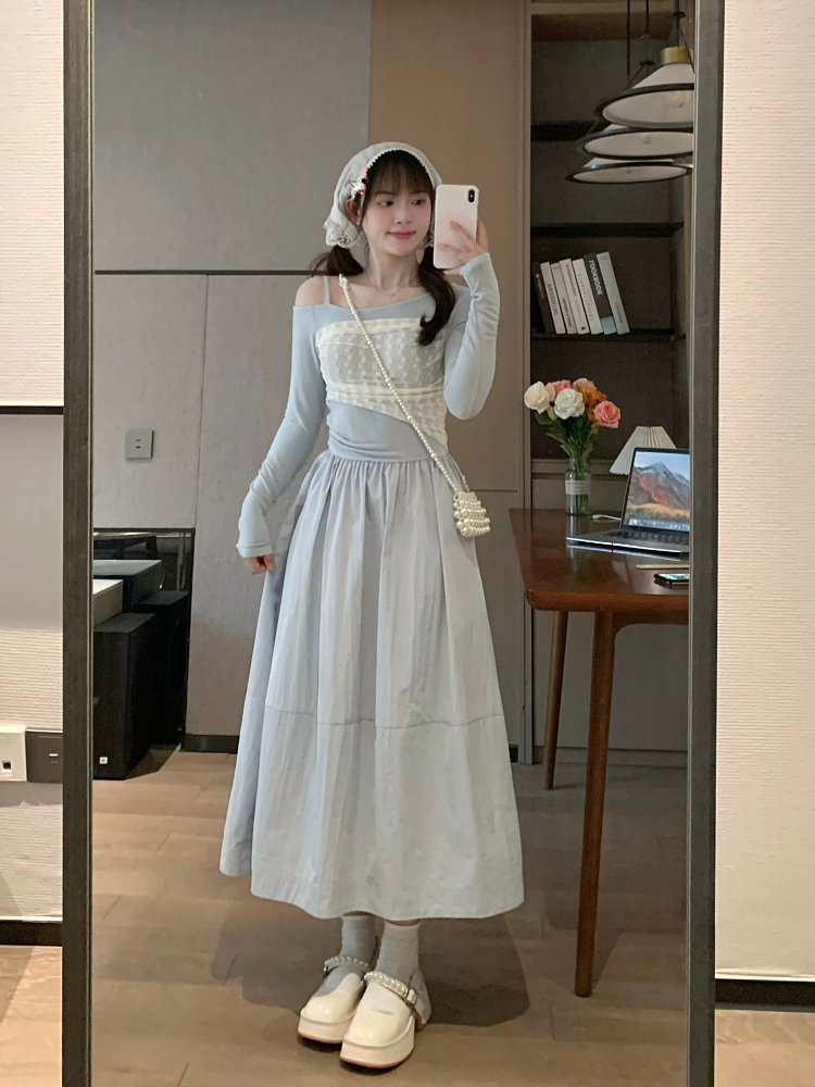 Blue Color-Blocked Asymmetrical Shoulder Dress, Waist-Cinched Slim Fit for Spring/Summer Commuting, Trendy and Stylish Fashion