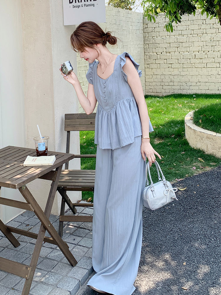 Blue Doll Shirt with Flying Sleeves and Wide-Leg Pants Set for Women - 2025 Summer Korean Style, Age-Reducing, Petite Fit Two-Piece Outfit