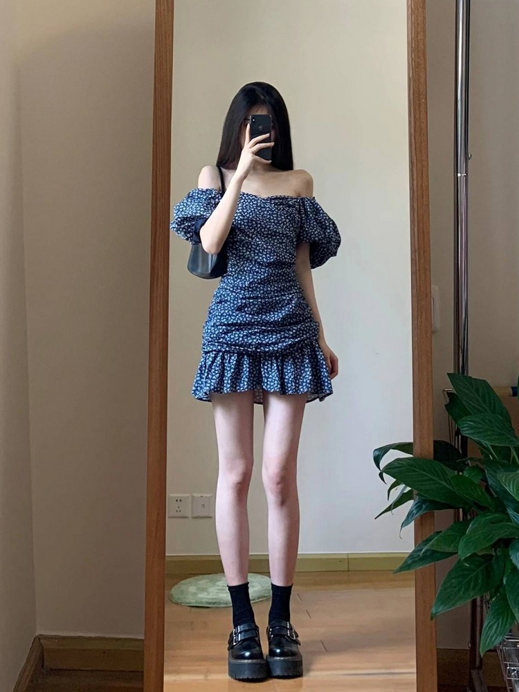 Blue Floral Dress for Women - 2025 Summer Off-Shoulder Design, Elegant Puff Sleeves, Slimming Effect, Short Skirt