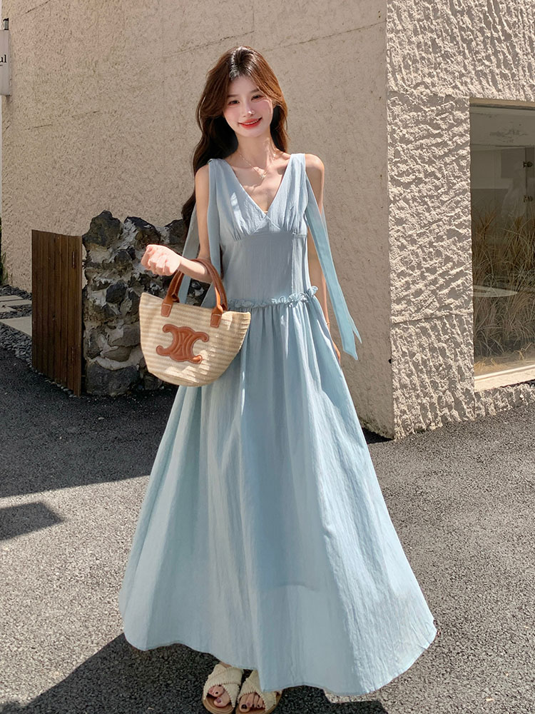 Blue Flowing Ribbon V-Neck Sleeveless Dress for Women - 2025 Summer French Style Goddess Waist-Cinching Long Dress