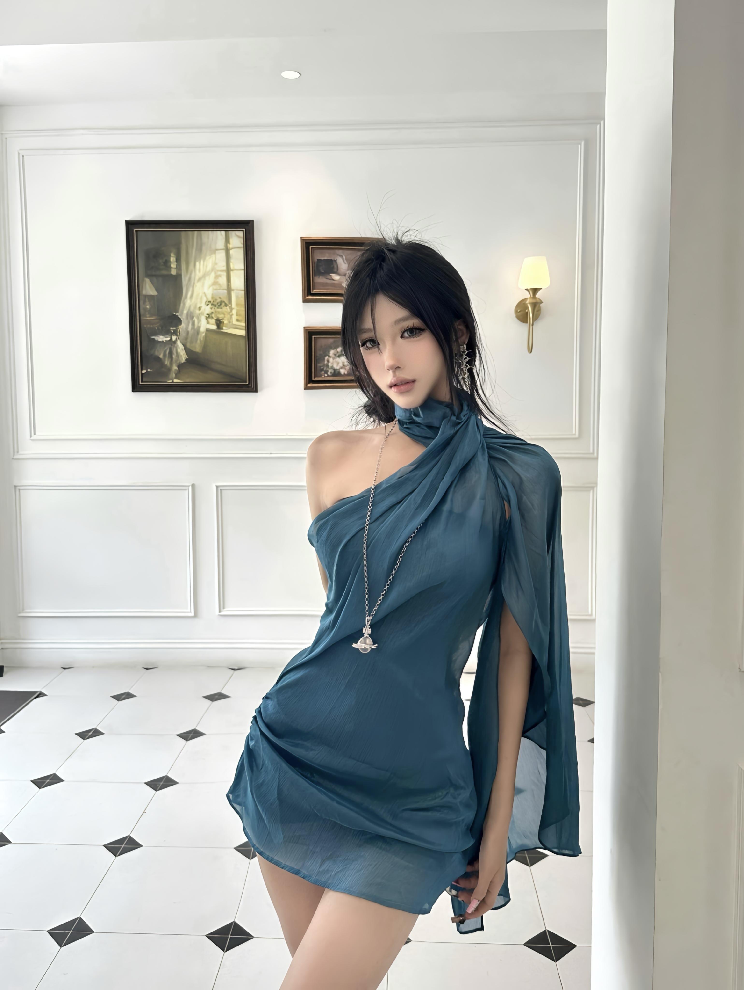 Blue Halter Neck Dress with Sleeves for Women - Sexy Slim Fit Off-Shoulder Summer Dress, Flattering Flowing Design, 2025 Fashion Trend