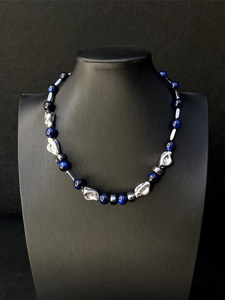 Blue Irregular Bead Necklace for Women - Light Luxury Choker, Unique Clavicle Chain, High-End Fashion Accessory