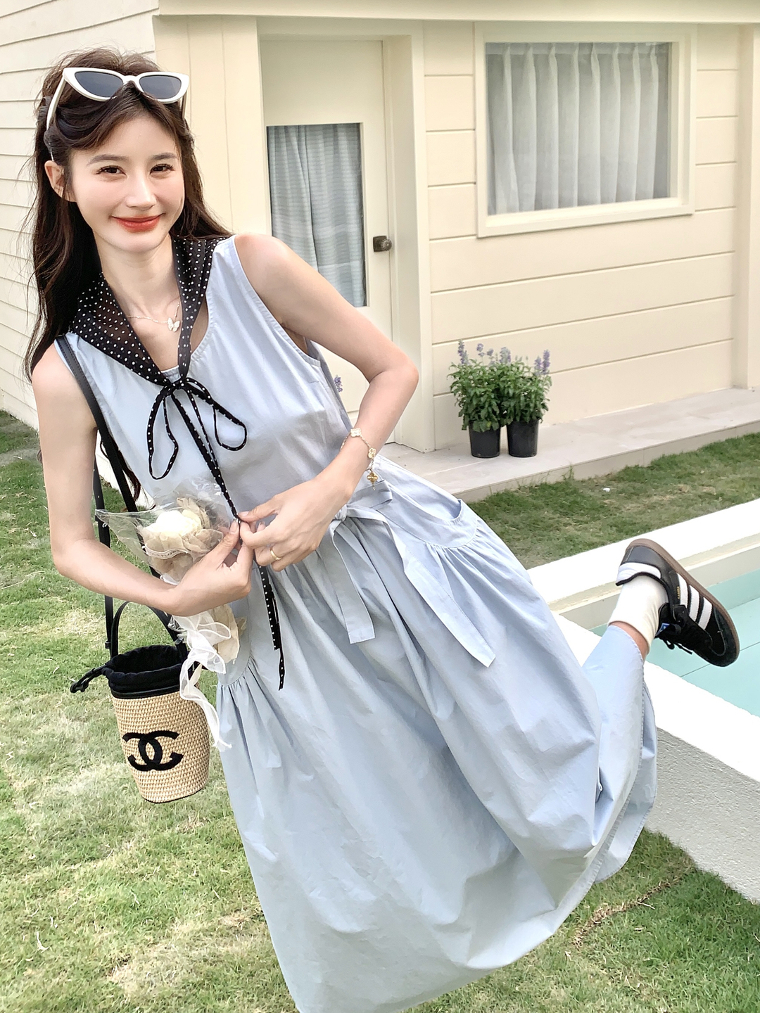 Blue Korean-Style Lace-Up Dress for Women - Stylish Casual Summer 2025 Tank Dress with Temperament Design, Age-Reducing Look