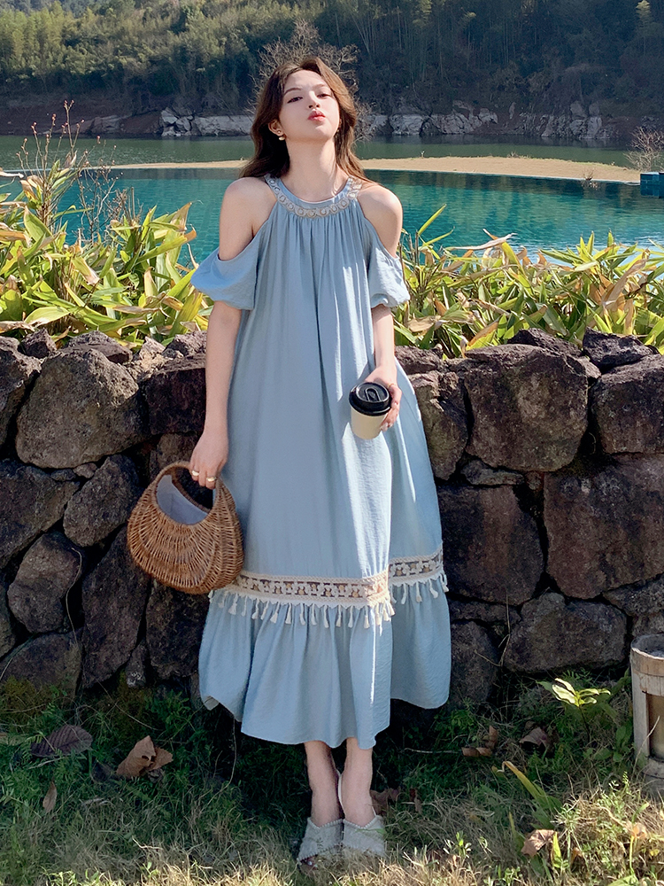 Blue Off-Shoulder Halter Dress for Women - 2025 Summer Loose Fit Vacation Style with Flattering Long Skirt