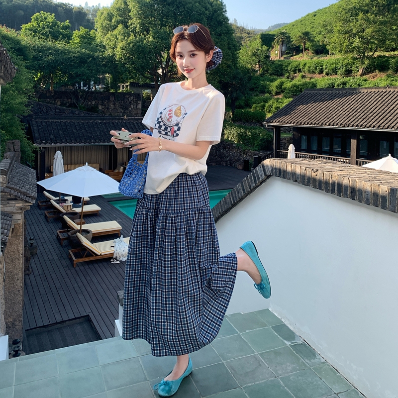 Blue Plaid Skirt and T-Shirt Set for Women â€“ Trendy 2025 Summer Korean Style Two-Piece Outfit, Effortless Age-Reducing Fashion