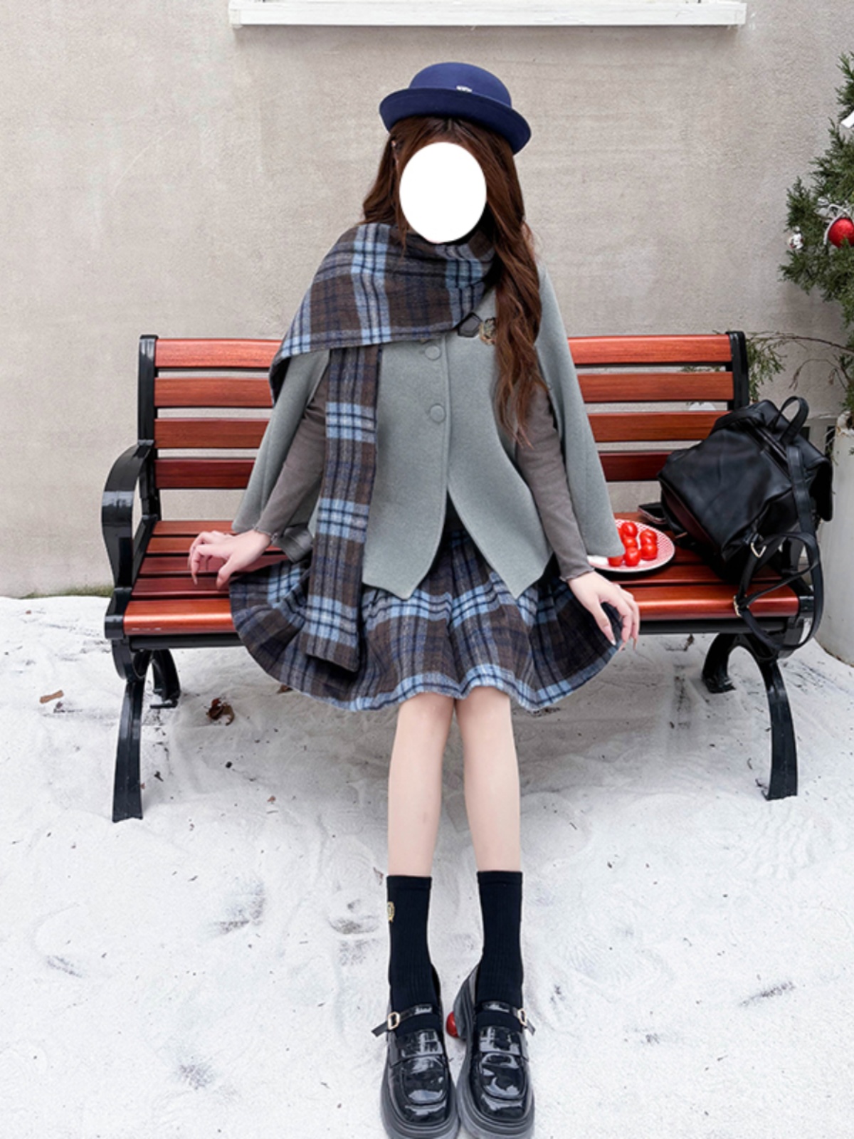 Blue Plaid Woolen Cloak Set with Scarf and Collar - Autumn Winter JK Uniform Style Fashion Cape for a Cozy Look