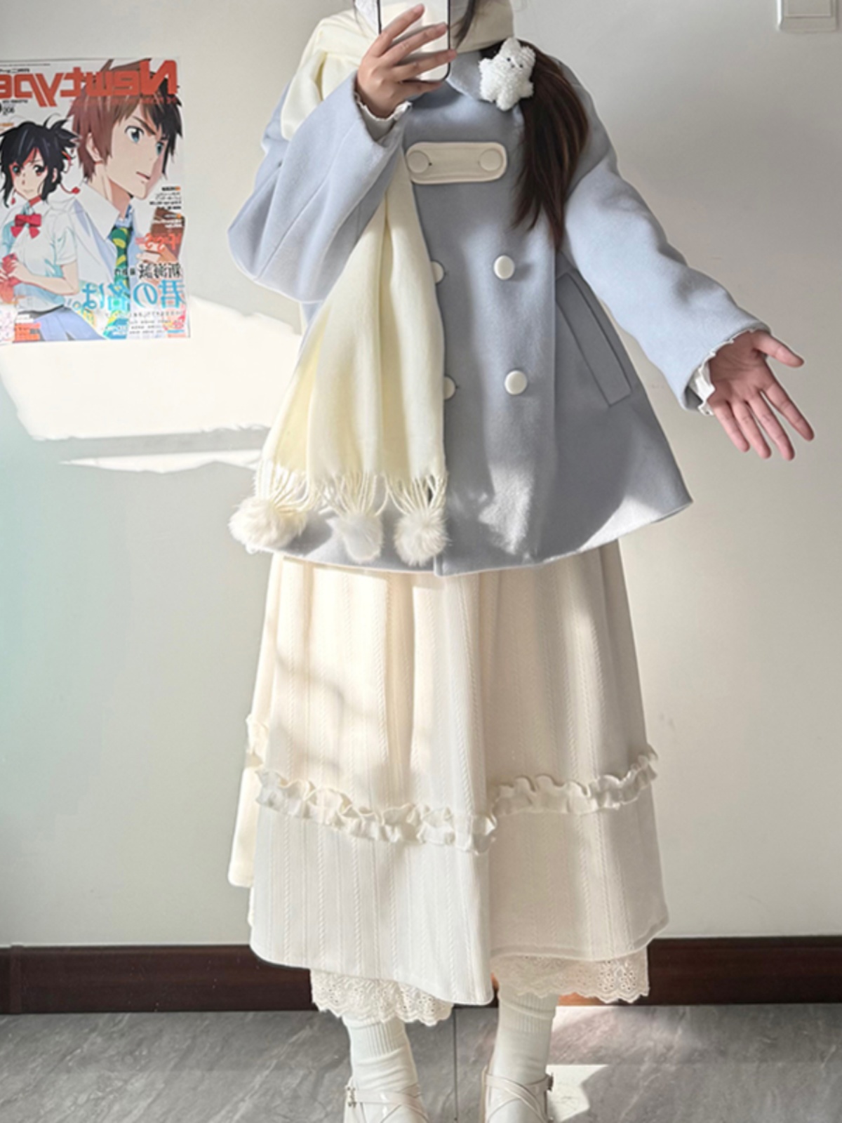 Blue Pudding Bear JK Uniform Woolen Winter Coat - Cute Double-Breasted Doll Collar, Loose Fit, Kawaii Style