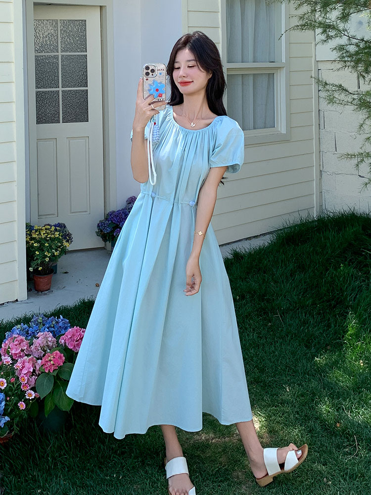 Blue Puff Sleeve Dress for Women - 2025 Summer A-Line Style with Tie Waist, Slimming Design, Pure and Gentle Look