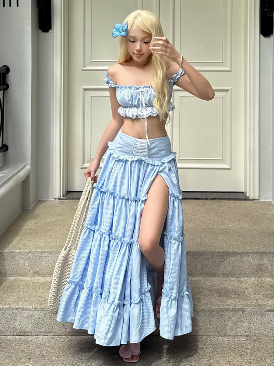 Blue Striped One-Shoulder Top and High-Waisted Tie-Slit Skirt Two-Piece Set - Sweet Eccentric Style for Trendy Girls