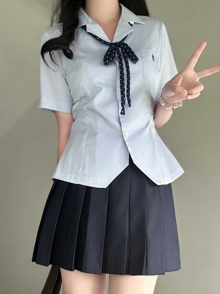 Blue Striped Open-Front Embroidered Shirt - Pudding Bear JK Uniform College Style Waist-Cinching Summer Top