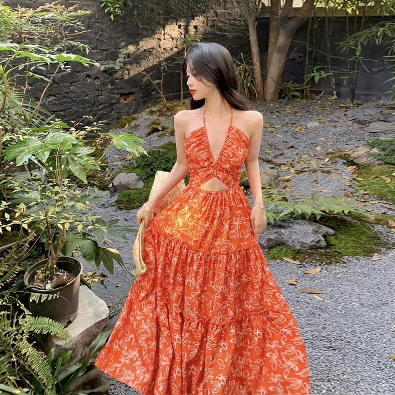Bohemian Floral Backless Dress - Hollowed-Out Seaside Vacation Maxi Skirt for Summer Beach Days
