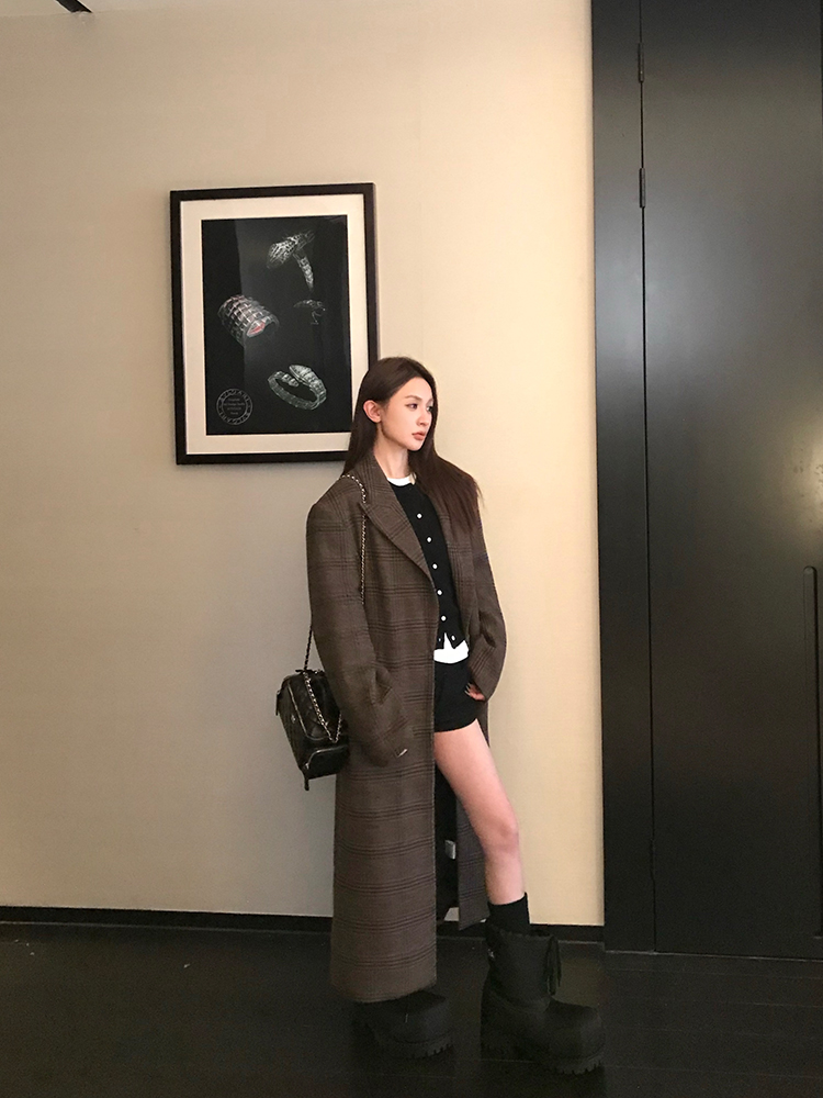 Brown Check Wool Coat for Women - Long Woolen Overcoat, Perfect for Spring & Winter, Classic Style, Timeless Fashion