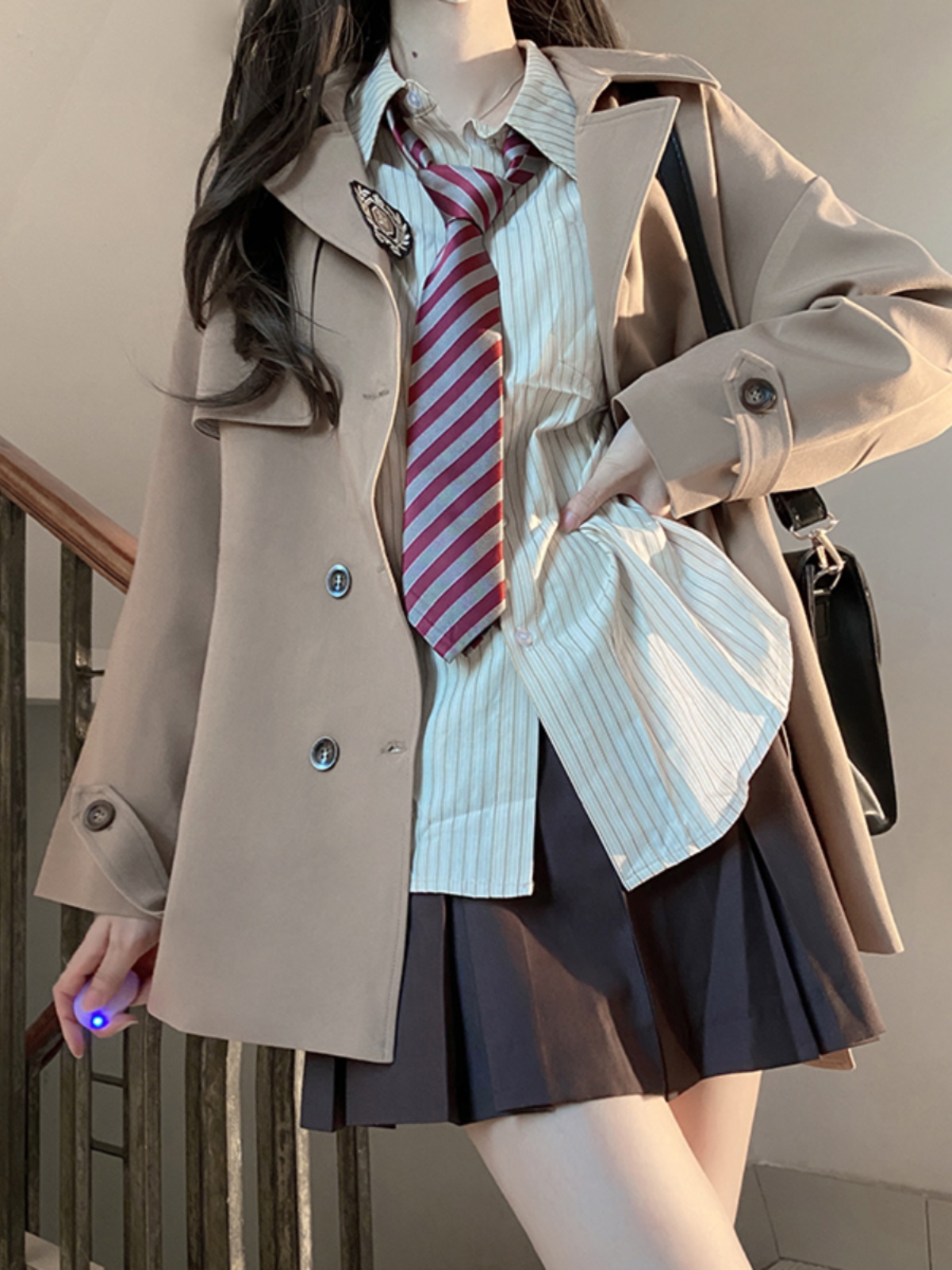 Brown Mid-Length Trench Coat for Women - 2025 Autumn JK Uniform Style for Petite Sizes