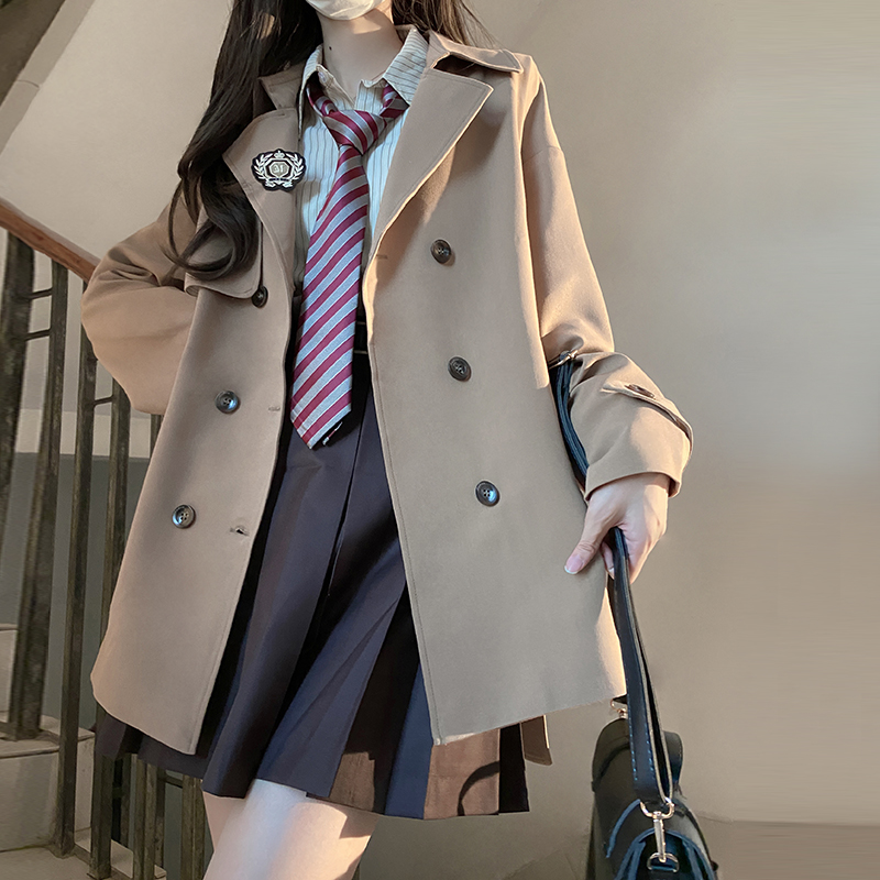Brown Mid-Length Trench Coat for Women - 2025 Autumn JK Uniform Style for Petite Sizes