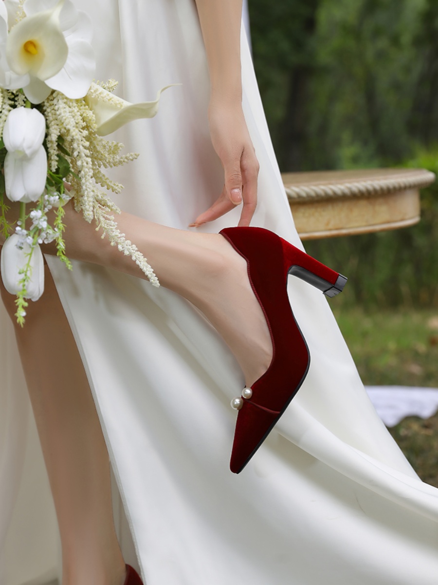 Burgundy Velvet Chunky Heel Wedding Shoes for Brides - Dual-Use, Comfortable High-End Toast High Heels for Wedding Dress