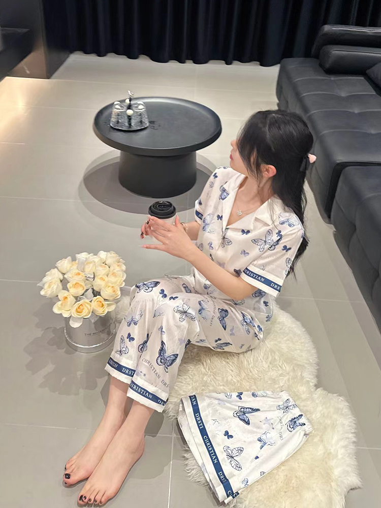 Butterfly Ice Silk Pajamas Set for Women - Summer Thin Short Sleeve & Long Pants - 3-Piece Homewear Sleepwear