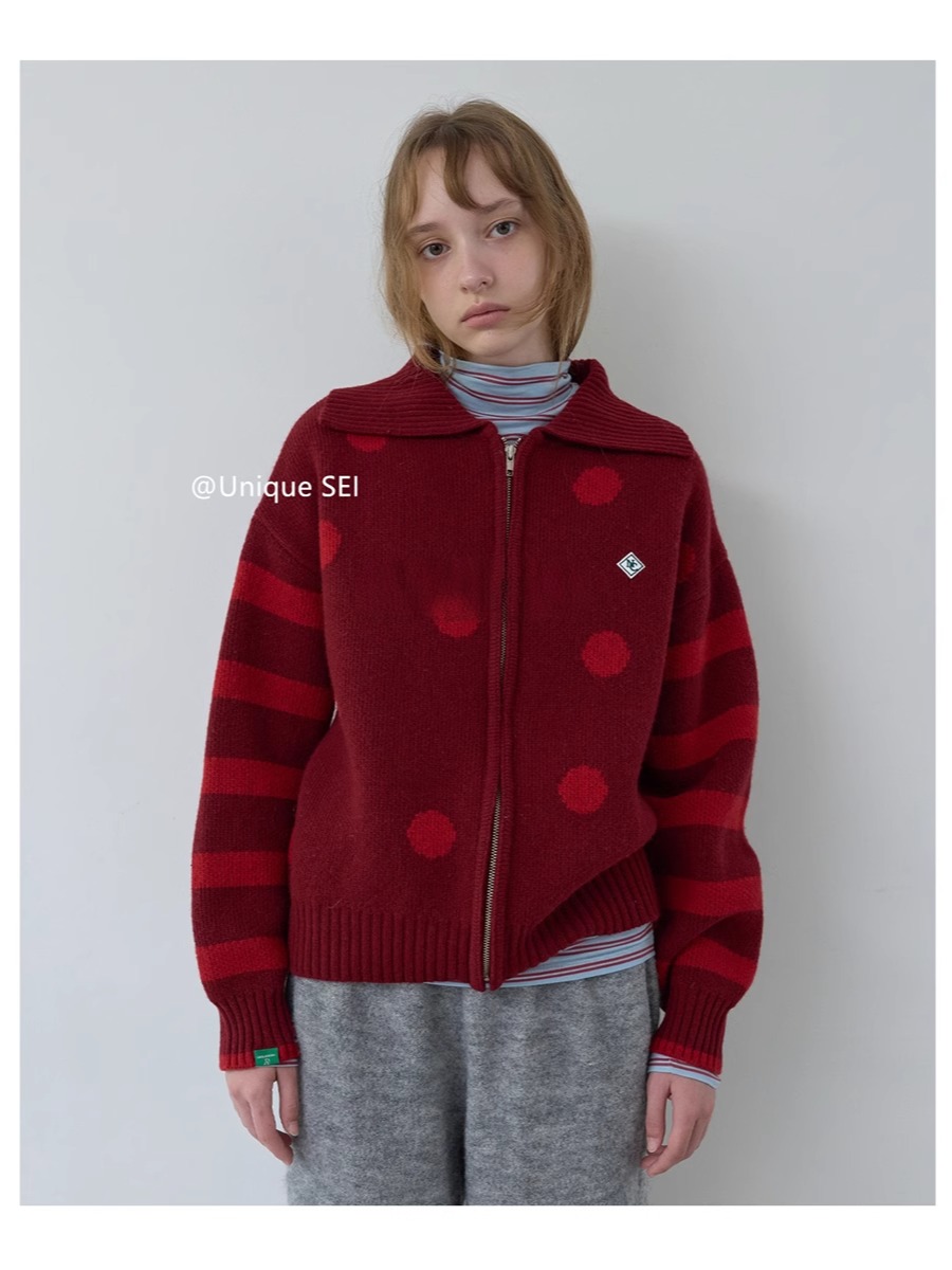 Casual Hooded Knitted Cardigan Sweater Coat with Ruffled Zip-Up, Color-Blocking, Striped and Polka Dot Design for Street Style
