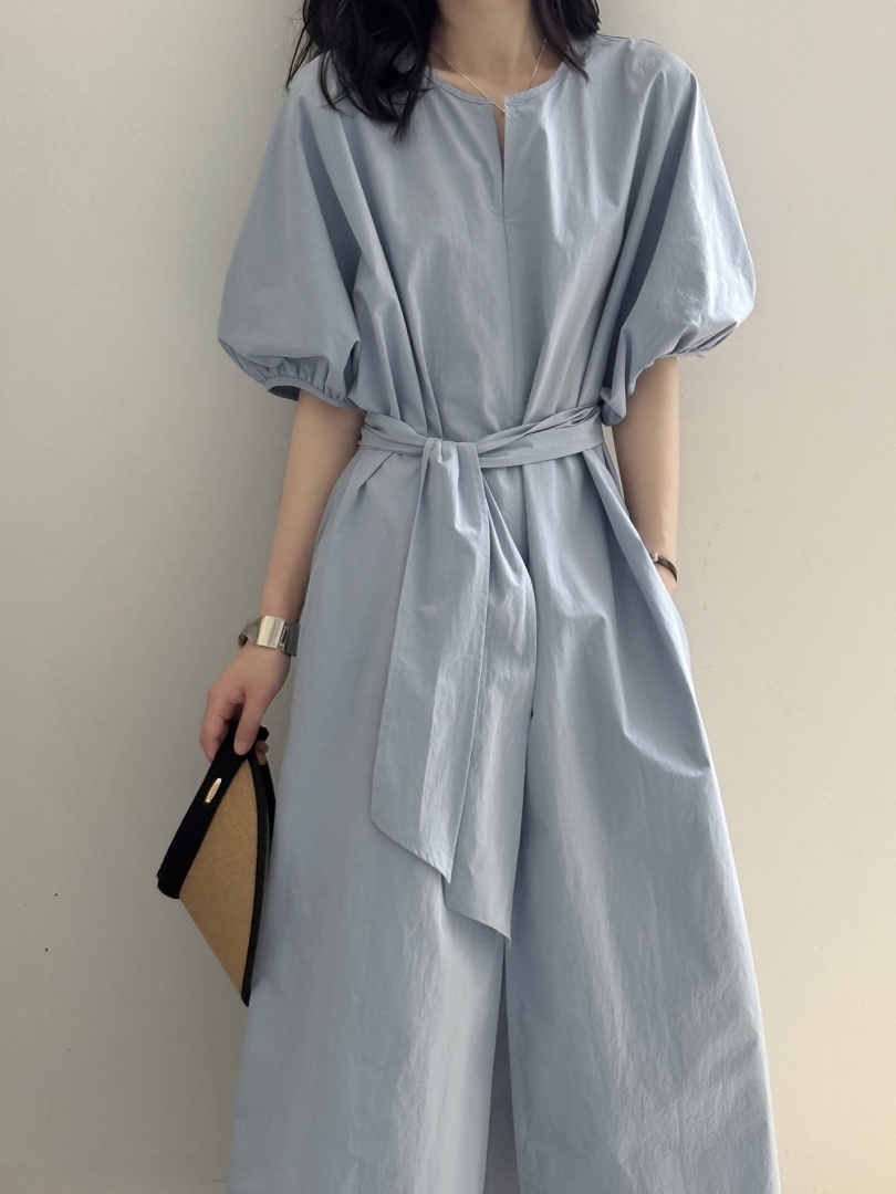 Casual Short Sleeve Dress for Women, Bubble Sleeve Tie-Up French Waist, Pure Cotton, 2025 Summer Style