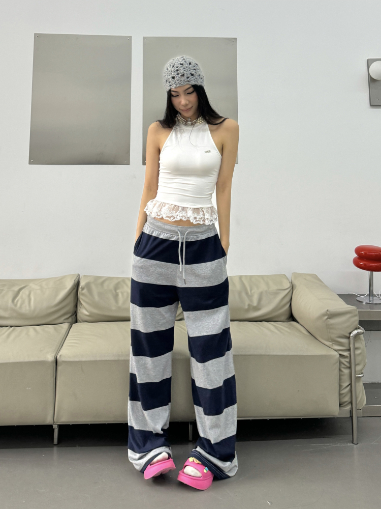 Casual Striped Patchwork Pants with Tie-Downs - Y2K Inspired Floor-Length Trousers for Sweet and Spicy Home Style