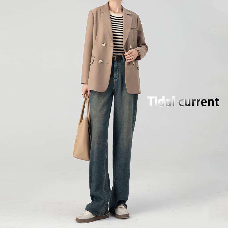 Cement Gray Fleece-Lined Wide-Leg Straight-Leg Jeans for Women, Loose Fit Floor-Length Pants, 2025 Autumn Winter Style, Petite Sizes