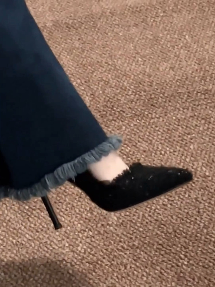 Chanel-Style Black High Heels for Women, Pointed Toe Thin Heel Shoes, Elegant Woven Design for Autumn & Winter 2025