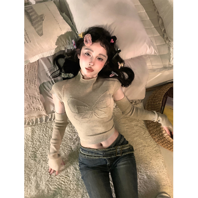 Charming Spicy Butterfly Detachable Half High Neck Knitted Top for Women â€“ Trendy Square Design, Perfect for 90s and Y2K Fashion