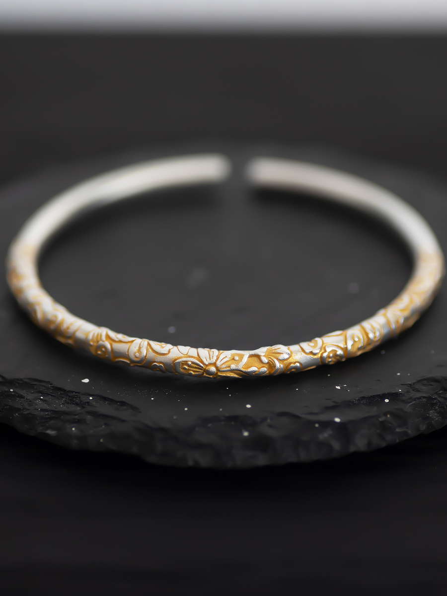 Cherry Blossom Cluster Adjustable Pure Silver 999 Gold-Plated Artistic Bracelet - Fresh National Style Gift