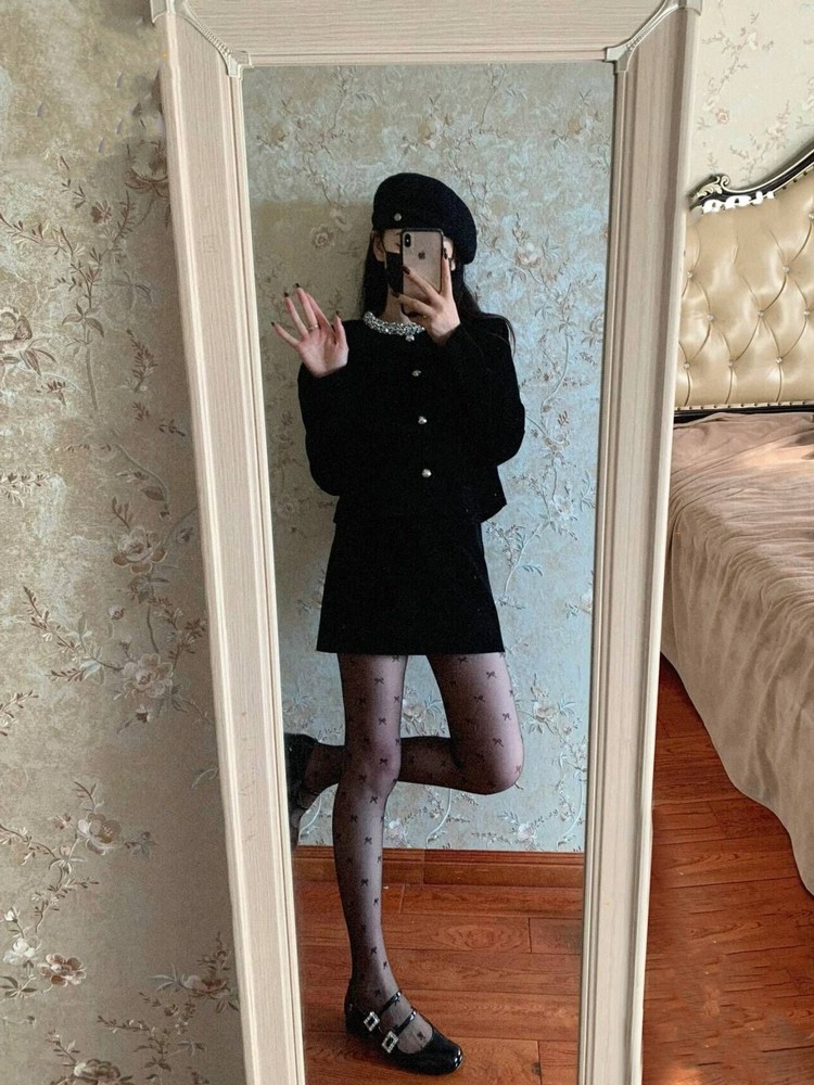 Chic Black Velvet Two-Piece Set for Women - Short Jacket and Mini Skirt, Elegant and Sophisticated Fall/Winter Fashion