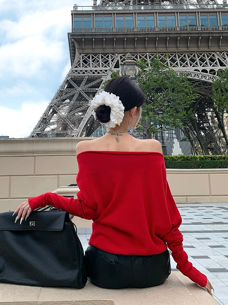Chic Rhinestone Off-Shoulder Red Knitted Women's Top for Autumn Winter - Sexy Hot Girl Style, French Letter Design