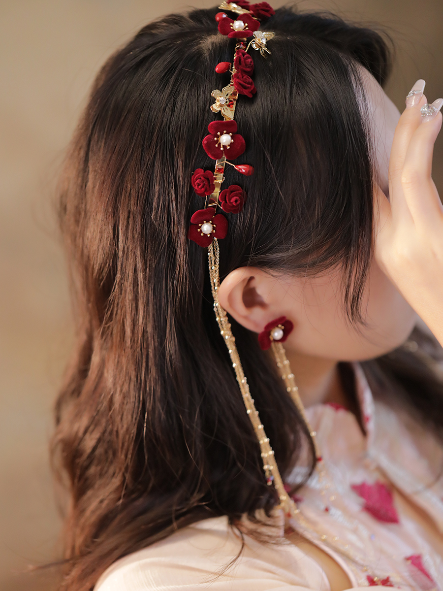 Chinese Classical Long Tassel Wedding Headdress - Red Hairband for Hanfu, Ancient Style Fairy-Like Hair Accessory