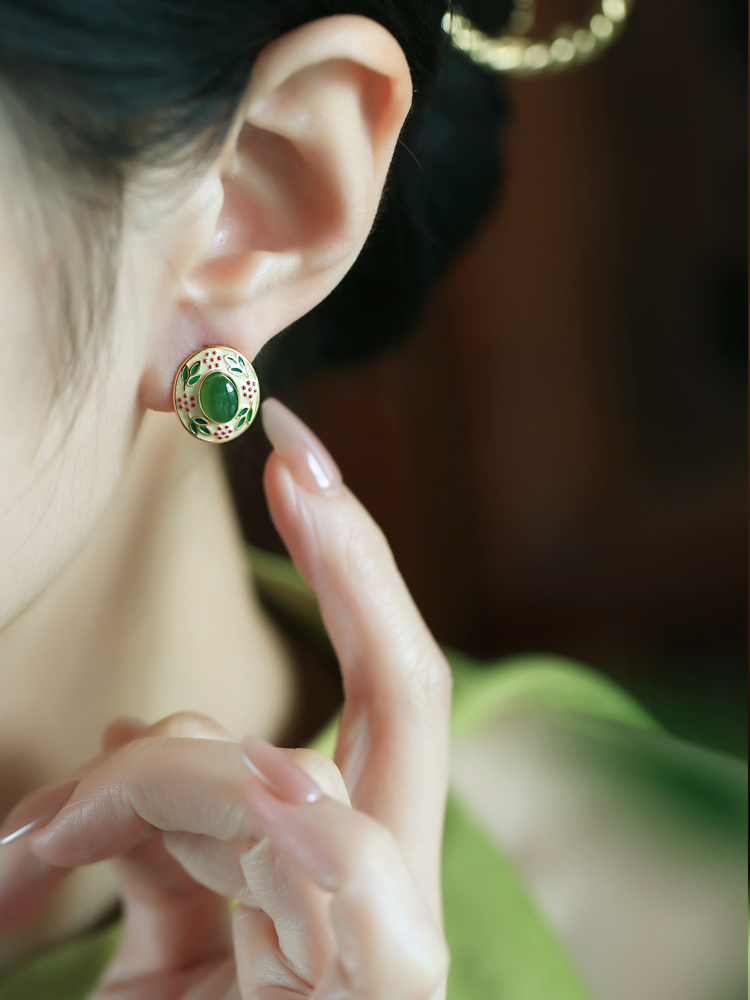 Chinese Style Ancient Flower Branch Design Hetian Jade and Silver Earrings with Gold Enamel for Women - Elegant Vintage Accessory
