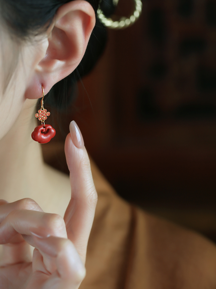 Chinese Style Cinnabar and Silver Drop Earrings for Women - Festive Zodiac Year Design, National Wind Aesthetic