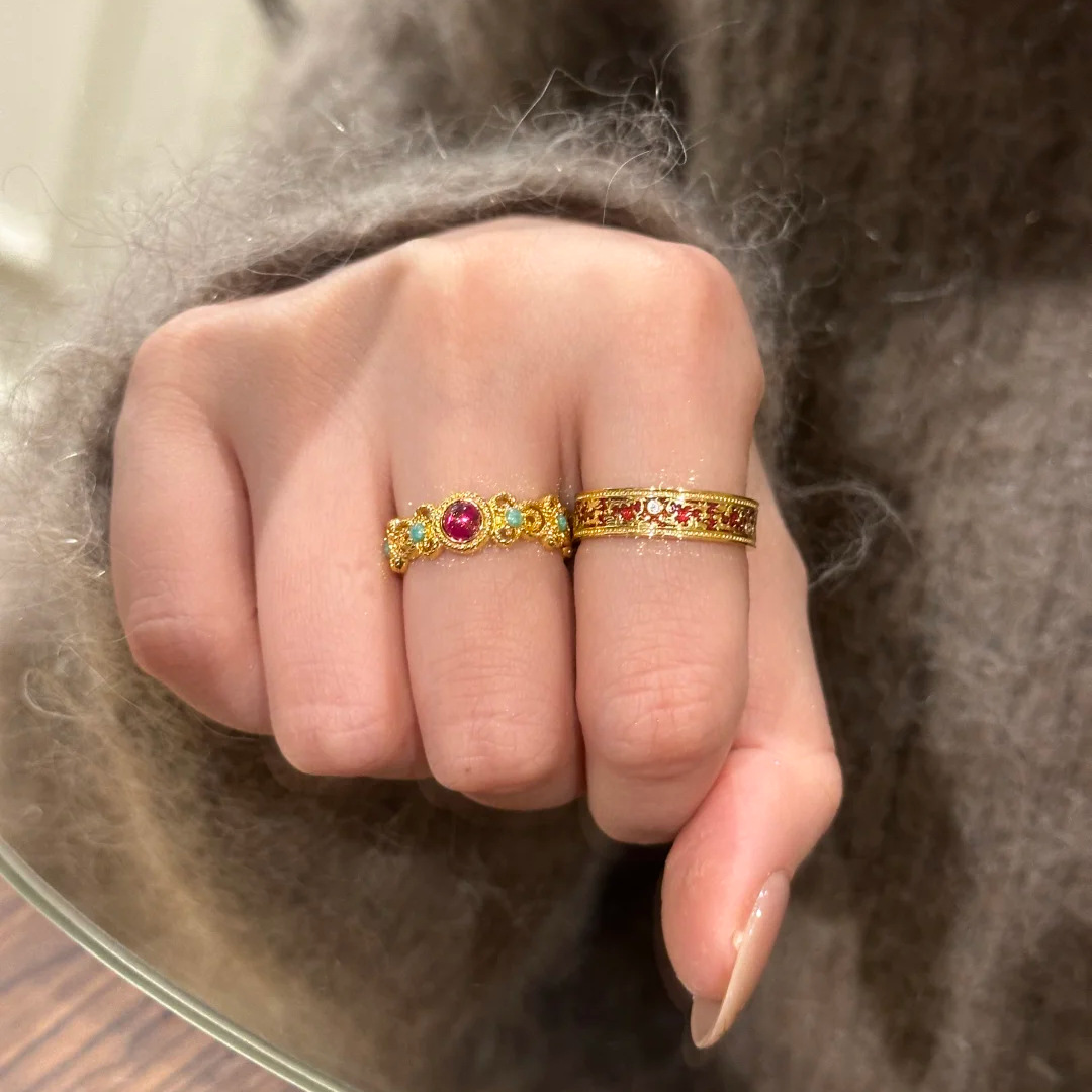 Chinese-Style CloisonnÃ© Enamel Ring for Women, Colorful Window Flower Design, National Palace Museum Inspired, Versatile 2025 Jewelry