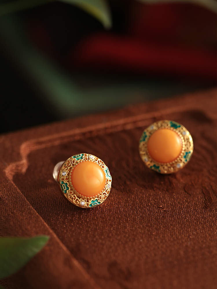 Chinese Style Enamel Earrings with Gold-Inlaid Jade & Colorful Design - Natural Beeswax & Pure Silver Safety Buckle for Women