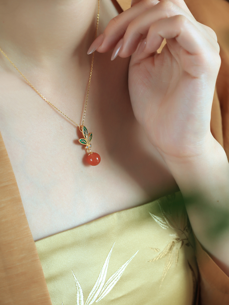 Chinese Style Flower Branch Red Agate Necklace with Silver Pendant and Fortune Bead - Natural Ice Zhongnan Design for Women