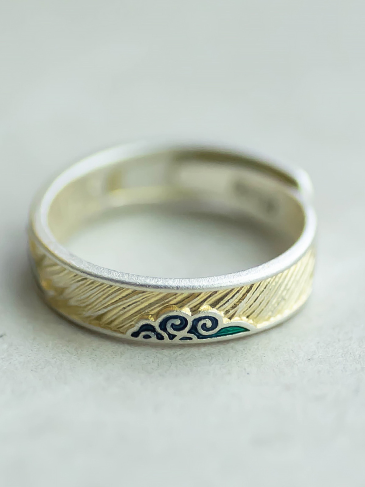 Chinese Style Gold-Plated Open Ring with Pure Silver 999.9 Enamel Auspicious Clouds - Light Luxury CloisonnÃ© Design