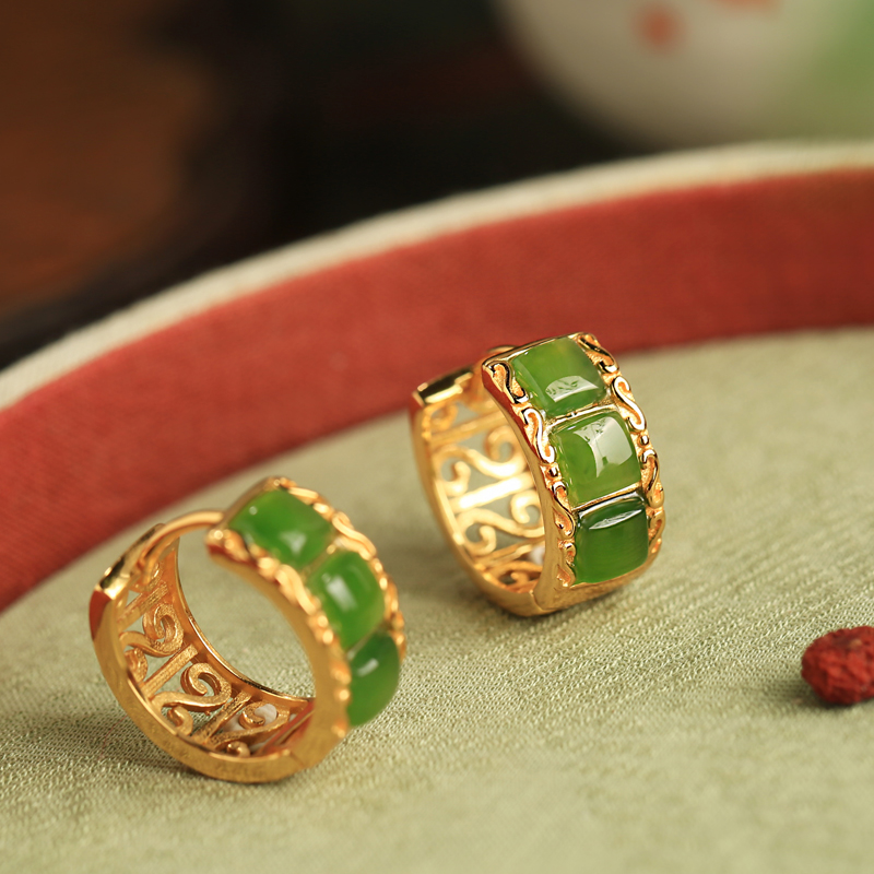 Chinese Style Hetian Jade Green Ear Clips - Women's Pure Silver Gemstone Earrings with Gold Inlay - National Wind Jewelry