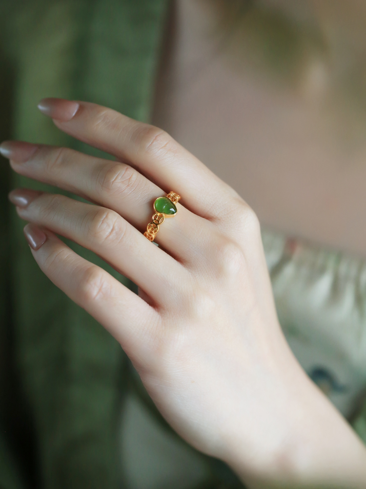Chinese Style Hetian Jade Green Gourd Ring for Women - Pure Silver & Gold-Plated, National Wind Wealth Gathering Jewelry