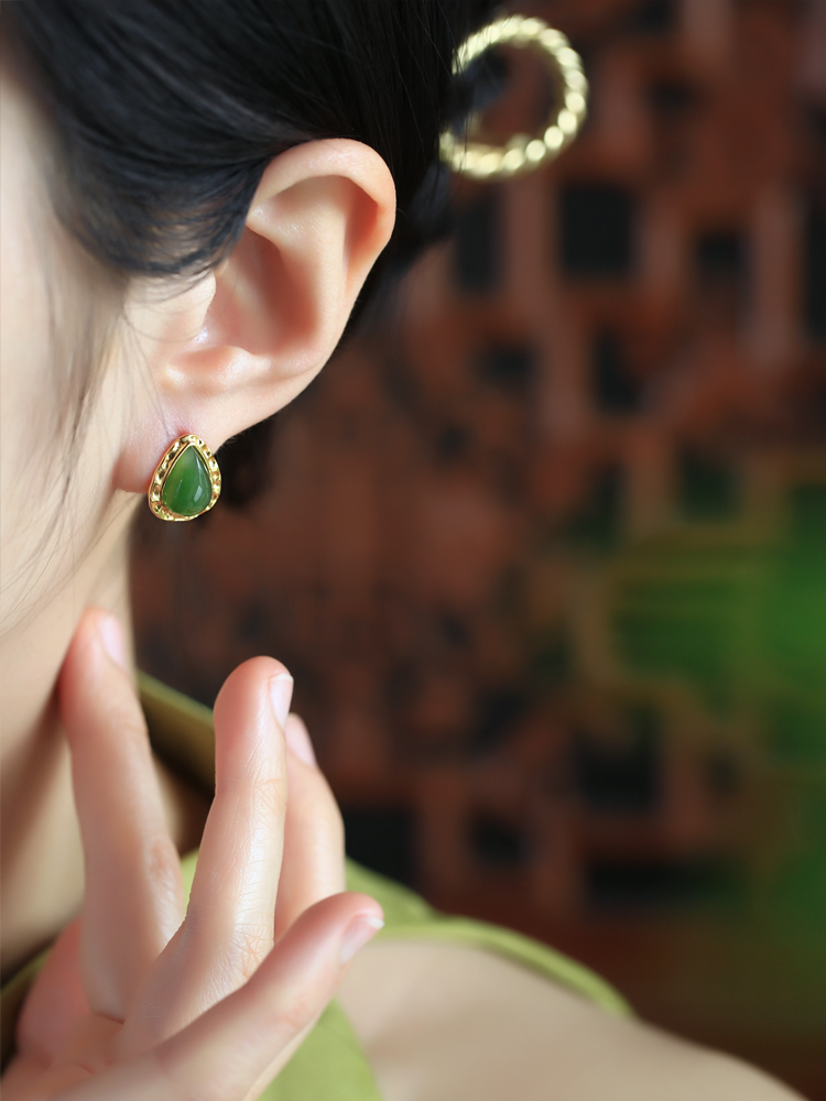 Chinese Style Hetian Jade Green Water Droplet Earrings with Gold-Plated Silver, National Wind Design for Women