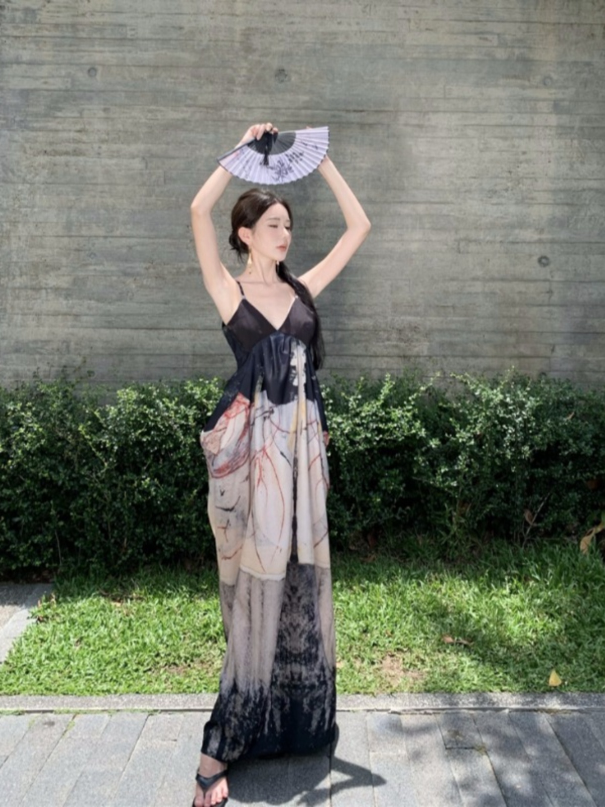 Chinese-Style Ink Print Dress, Waist-Cinching, Sexy V-Neck, Spaghetti Strap Long Dress for Summer - Niche Design, Boho Chic